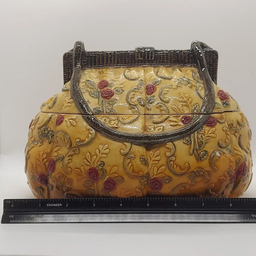 Vintage International Art Ceramic Purse Cookie Jar Handbag Canister Yellow Rose